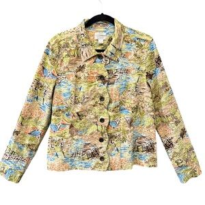 Christopher & Banks Artsy Scenic Landscape Print Denim Jacket Cottagecore L ❤️